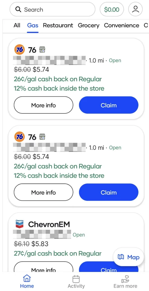 Screenshot of the Upside app showing nearby gas station cash-back offers