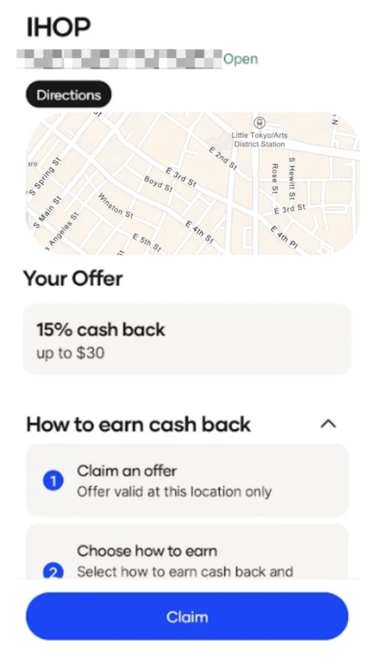 Screenshot of Upside app showing IHOP offer with 15% cash back.