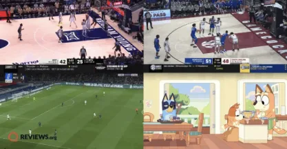 A TV displaying YouTube TV's 4-screen Multiview feature showing two basketball games, a soccer match, and an episode of Bluey.