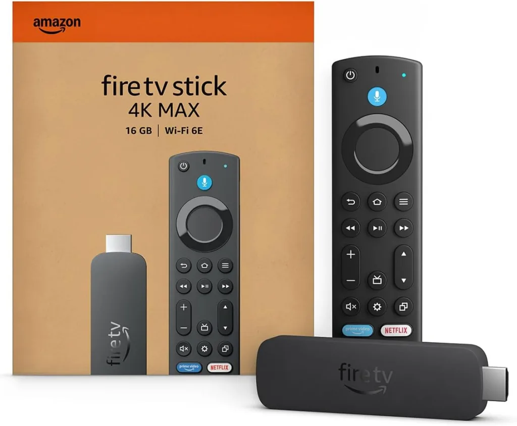 A Fire TV Stick 4K Max against a white backdrop.