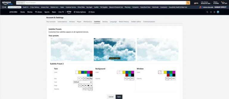 Screenshot of Amazon Prime Video subtitle settings menu] [Caption: Amazon Prime Video settings are highly customizable on the Amazon website