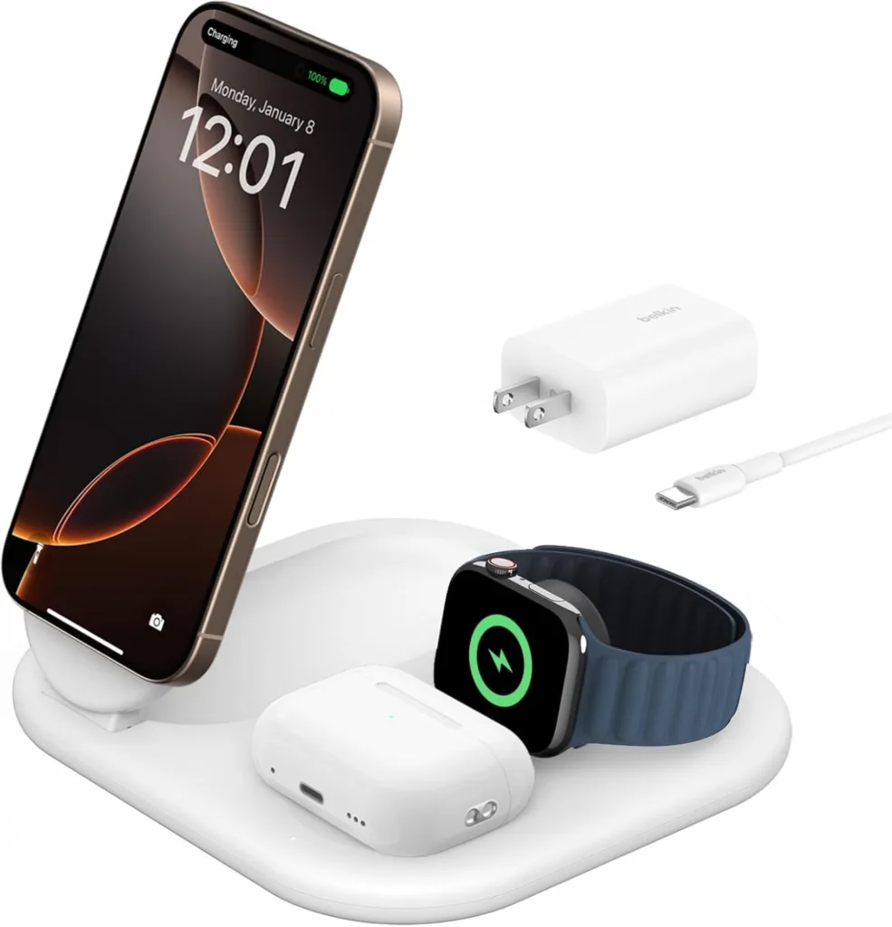 Belkin 3-in-1 Magsafe Charger against a white backdrop.