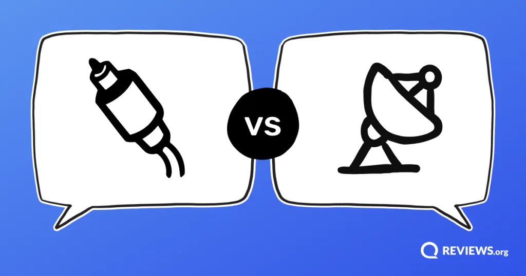 Illustrated icons of a coaxial cable connector and a satellite dish facing each other in speech bubbles, representing a cable vs. satellite TV comparison