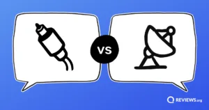 Illustrated icons of a coaxial cable connector and a satellite dish facing each other in speech bubbles, representing a cable vs. satellite TV comparison