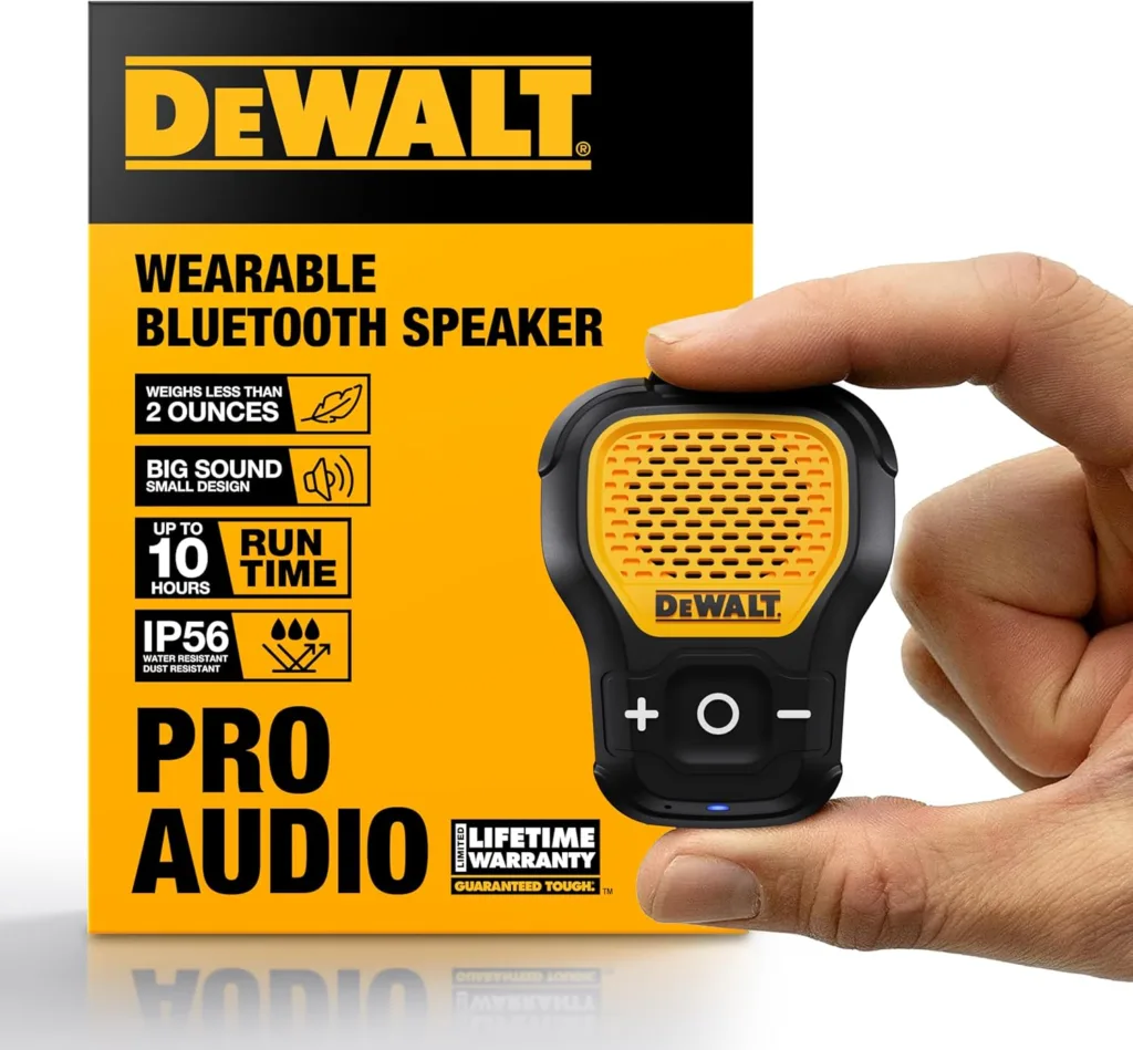 The DEWALT Wearable Outdoor Speaker against a white background.