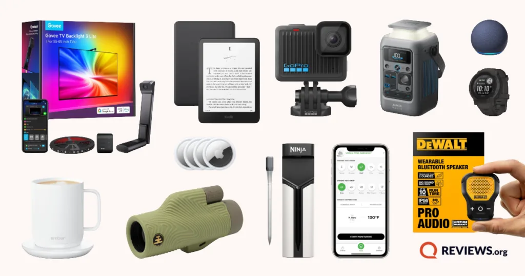 Collage of top tech gifts for Father's Day including a Kindle, GoPro, Ember mug, and DeWalt Bluetooth speaker