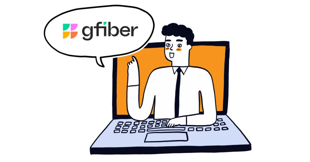 Illustrated man coming out of laptop pointing to a speech bubble with the gfiber logo in it