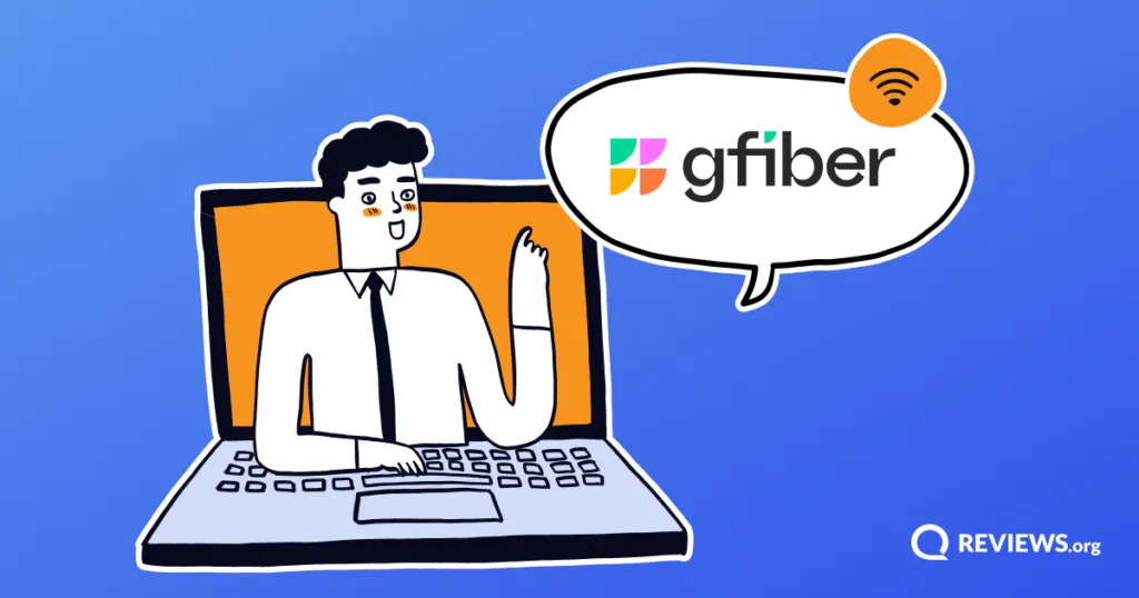 Illustrated man popping out of laptop pointing to a speech bubble with gfiber logo inside it.