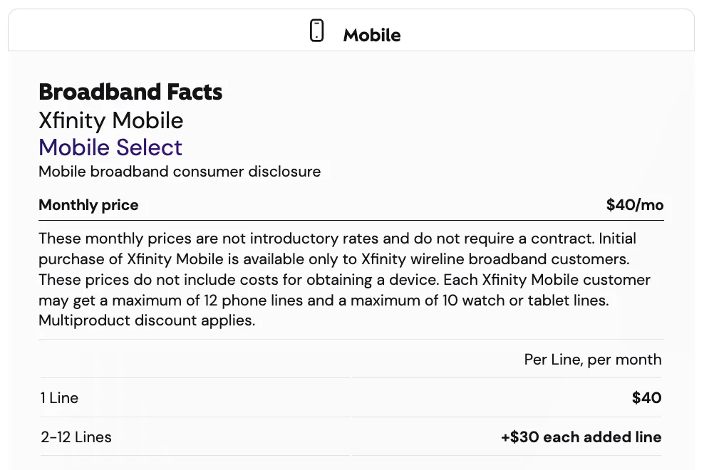 screenshot of Xfinity Mobile broadband facts label showing the first line for $40 and additional lines for $30 per line