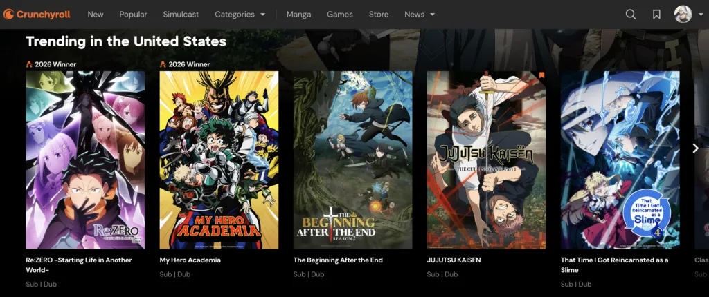 Crunchyroll's Trending in the United States section displaying 2026 Crunchyroll Award winners Re:ZERO and My Hero Academia alongside Jujutsu Kaisen, The Beginning After the End, and That Time I Got Reincarnated as a Slime