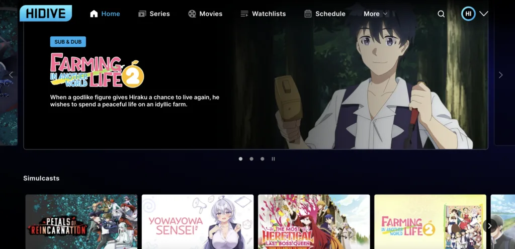 HIDIVE's homepage featuring a hero banner for Farming Life in Another World Season 2 with a smiling anime character in a forest setting, and a Simulcasts row below showing titles like Petals of Reincarnation and Yowayowa Sensei
