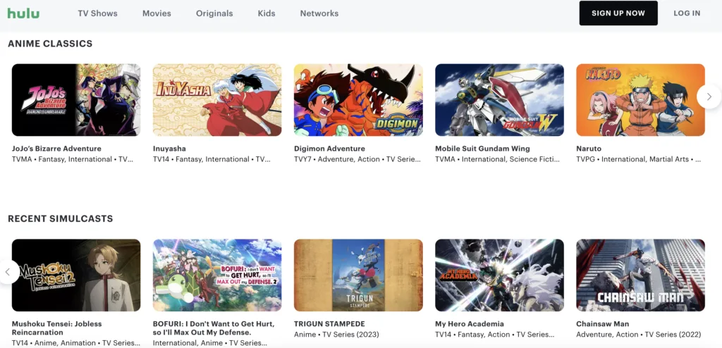 Hulu's anime browsing page showing the Anime Classics row with titles like JoJo's Bizarre Adventure, Inuyasha, Digimon, and Naruto, and a Recent Simulcasts row below featuring My Hero Academia and Chainsaw Man