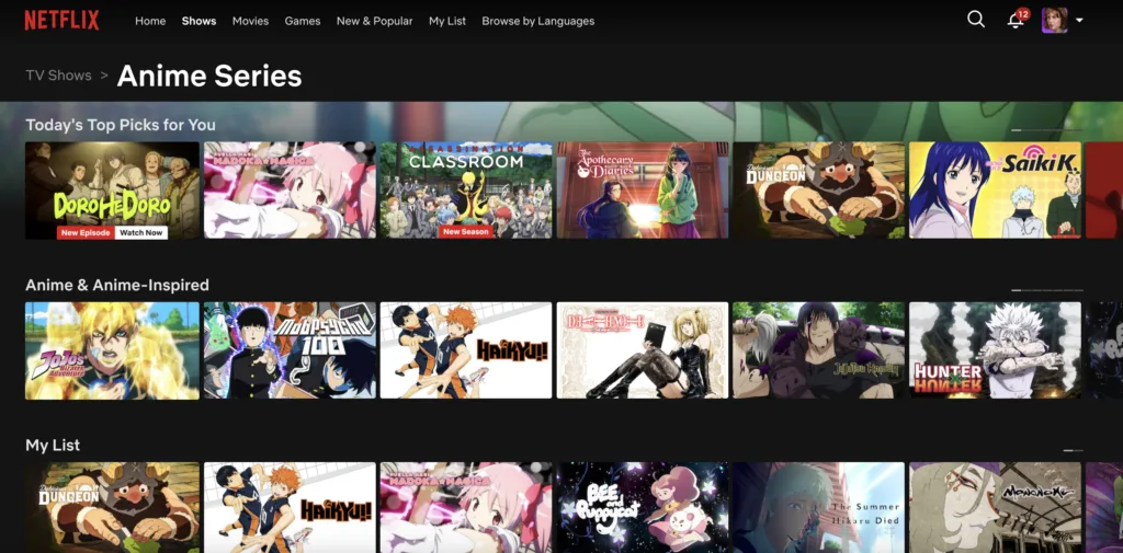 Netflix's Anime Series page showing curated rows including Today's Top Picks and Anime & Anime-Inspired, featuring titles like Dorohedoro, Haikyuu!!, Jujutsu Kaisen, and Hunter x Hunter