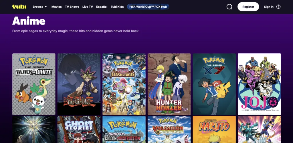 Tubi's anime section displaying a grid of titles including Pokémon, Yu-Gi-Oh!, Hunter x Hunter, Naruto, and JoJo's Bizarre Adventure on a purple background