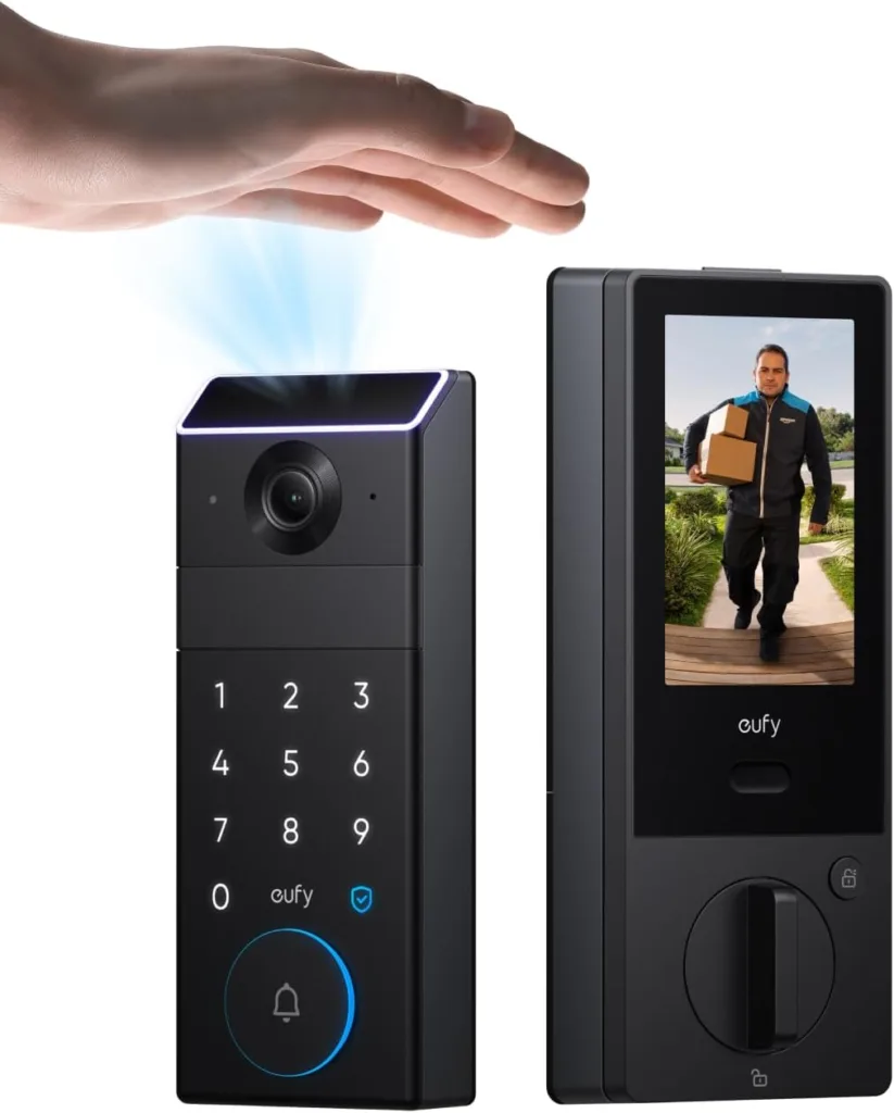 Eufy video doorbell and indoor display showing a delivery person at the front door