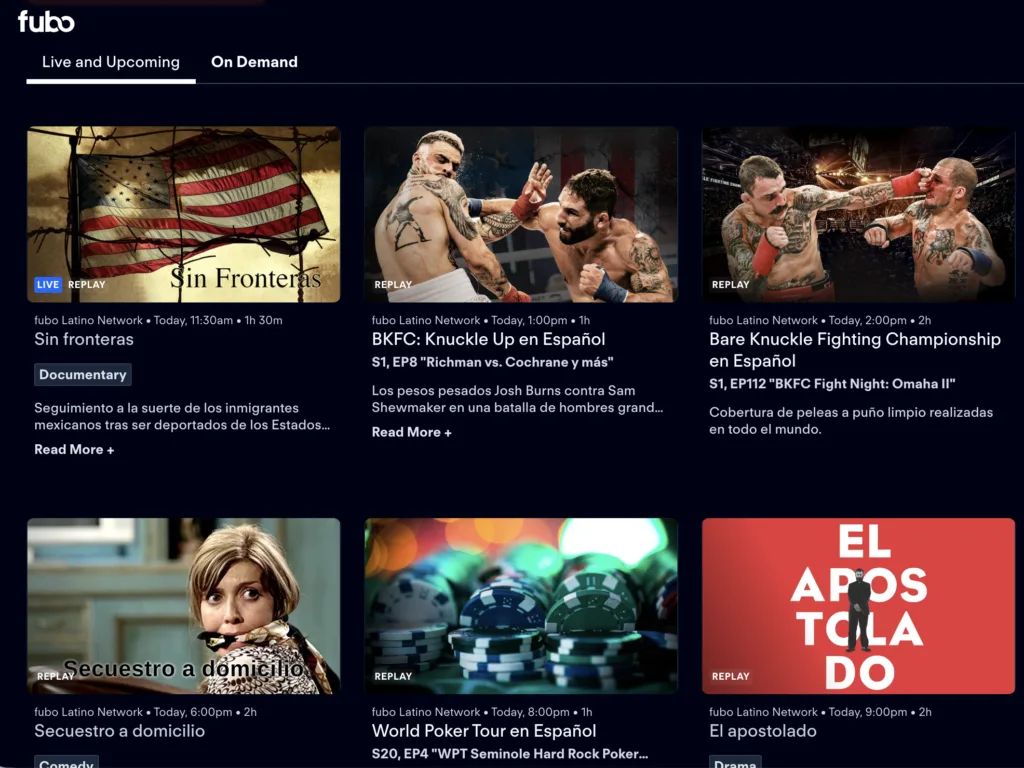 Fubo Latino Network on-demand page showing six Spanish-language titles including Sin Fronteras, BKFC Knuckle Up en Español, and World Poker Tour en Español