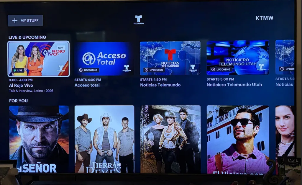 Telemundo channel guide on Hulu Live TV showing live and upcoming programs including Al Rojo Vivo, Acceso Total, and Noticias Telemundo