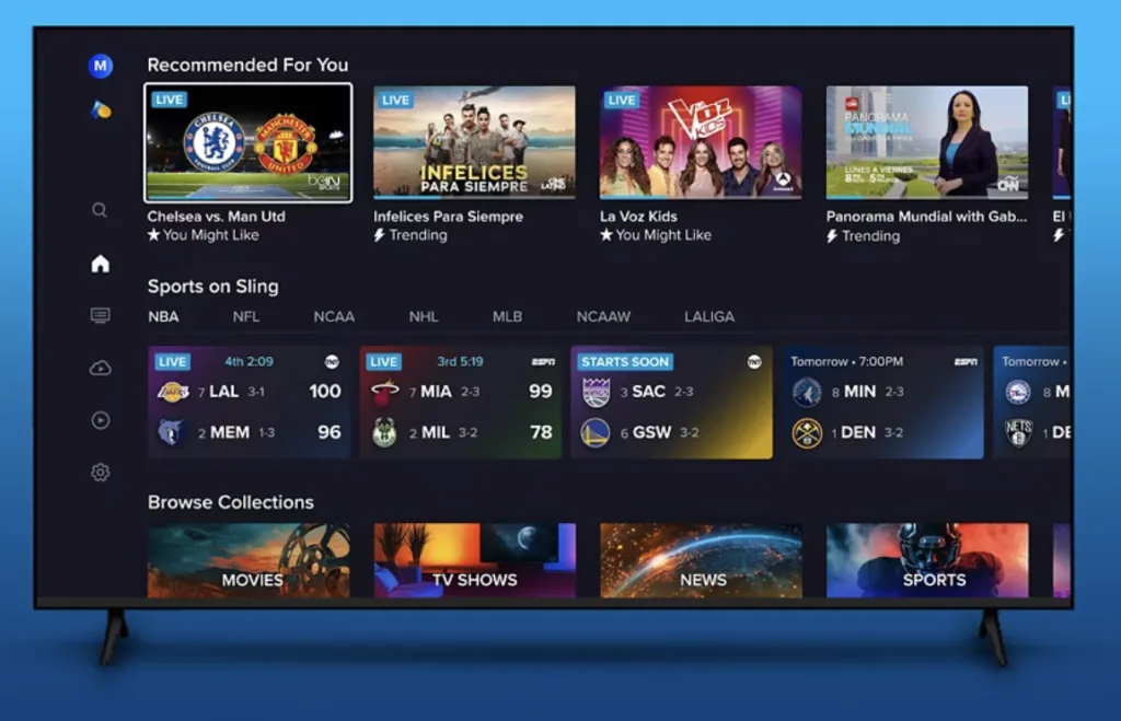 Sling TV home screen on a TV displaying recommended live content including Chelsea vs. Man Utd, Spanish-language shows, live NBA and NHL scores, and browse categories for movies, TV shows, news, and sports