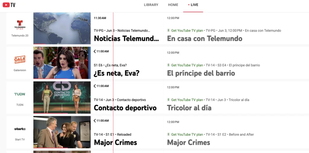 YouTube TV live guide showing Spanish-language channels including Telemundo, Galavision, and TUDN alongside Start TV