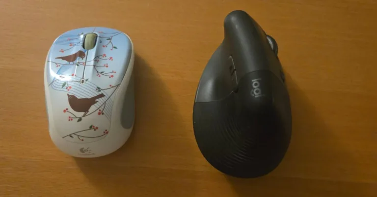 A side-by-side display of a Logitech M325 Wireless and a Lift Vertical Ergonomic mouse. The M325 has a blue design that is decorated with birds on a branch. The Lift Vertical has a graphite color.