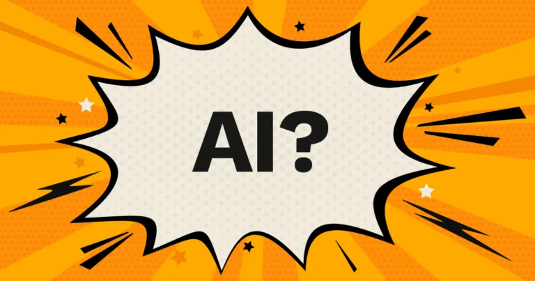Comic-style "AI?" text explosion graphic on an orange background.