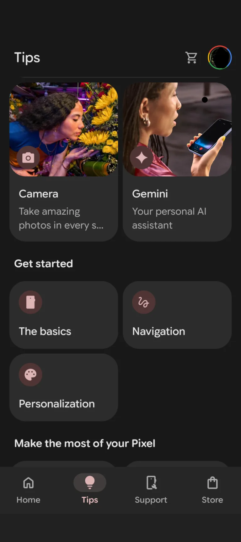 Screenshot of the My Pixel app opened to the tips page, showing helpful feature suggestions and guidance for Pixel users.