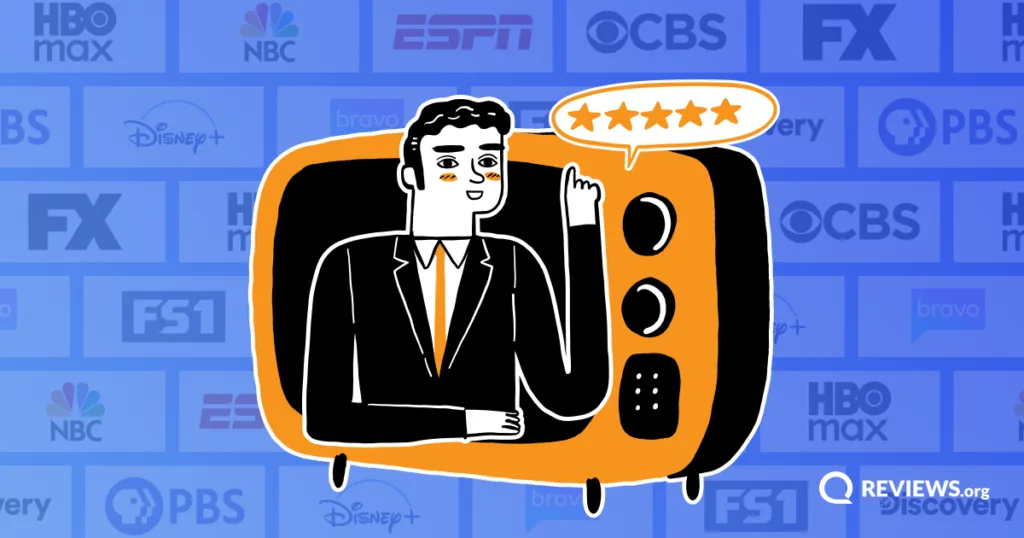 Illustrated man in a TV giving a five-star review, surrounded by logos for top TV channels like HBO Max, ESPN, NBC, and Disney+.
