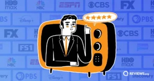 Illustrated man in a TV giving a five-star review, surrounded by logos for top TV channels like HBO Max, ESPN, NBC, and Disney+.