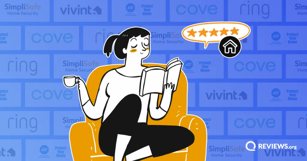 Illustrated woman reading in an armchair with a five-star speech bubble and home security icon, surrounded by home security brand logos.