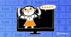 Illustrated girl emerging from a TV screen with a five-star speech bubble, surrounded by kids streaming service logos.