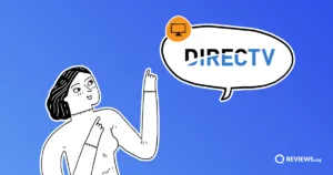 Illustrated woman gesturing toward a speech bubble with the DIRECTV logo and a TV icon badge.