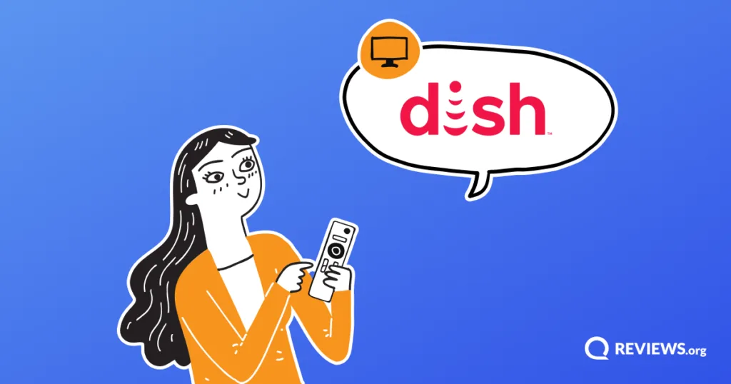 Illustrated woman holding a TV remote with a speech bubble showing the DISH Network logo and a TV icon badge.