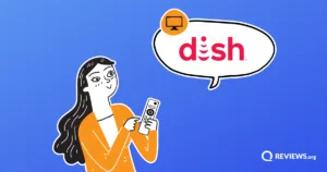 Illustrated woman holding a TV remote with a speech bubble showing the DISH Network logo and a TV icon badge.