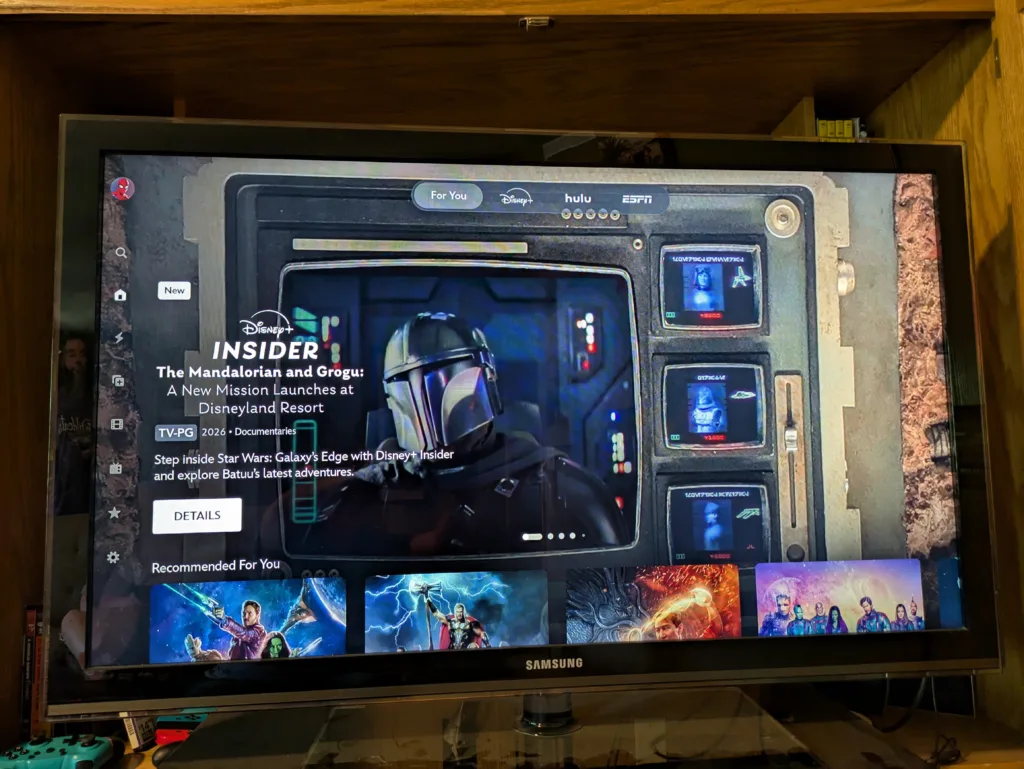 Disney+ homepage featuring “The Mandalorian and Grogu” documentary, with “Star Wars” and other recommended titles below.