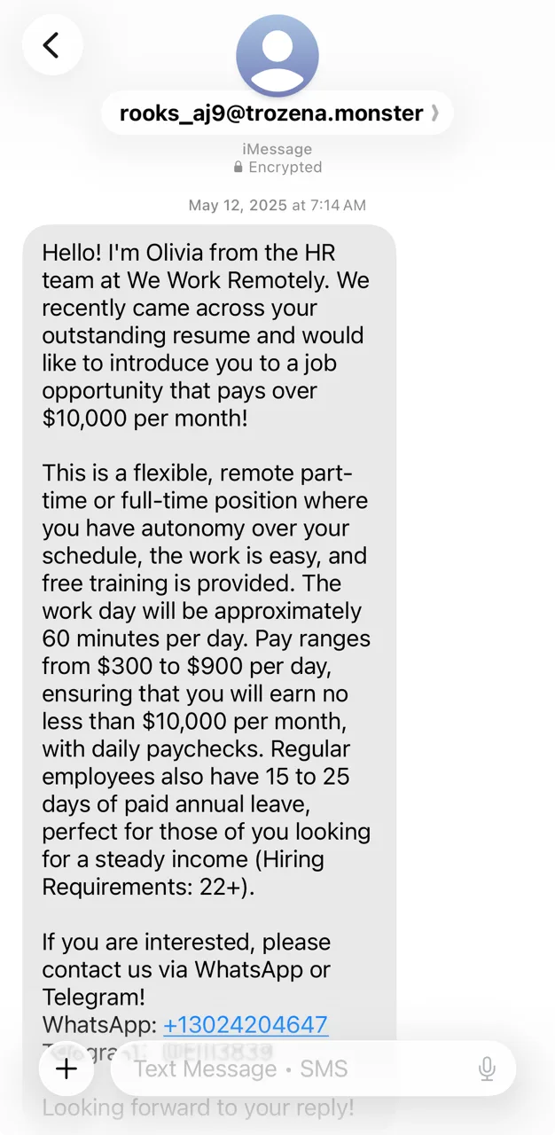 A screenshot of an employment scam text asking the recipient to apply to a fake We Work Remotely position that pays $10,000 a month