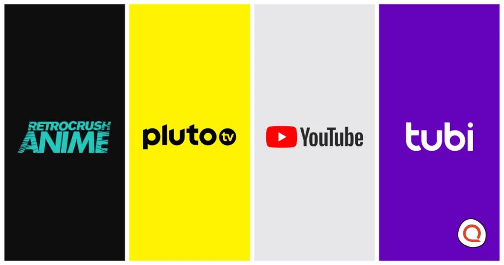 Logos for RetroCrush Anime, Pluto TV, YouTube, and Tubi displayed side by side in colored panels, representing free anime streaming services.