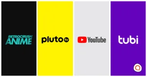 Logos for RetroCrush Anime, Pluto TV, YouTube, and Tubi displayed side by side in colored panels, representing free anime streaming services.