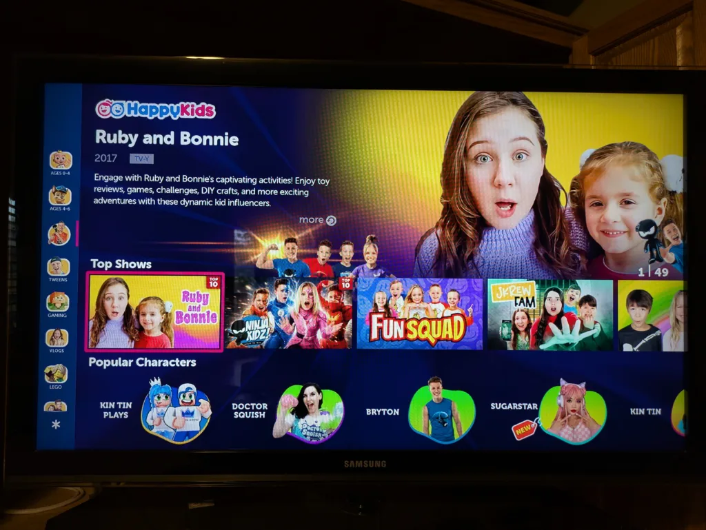 HappyKids.TV homepage featuring “Ruby and Bonnie,” plus other top shows and popular characters like “Ninja Kidz” and “Fun Squad.”