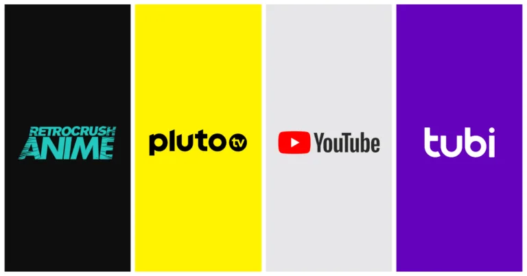 Logos for RetroCrush Anime, Pluto TV, YouTube, and Tubi displayed side by side in colored panels, representing free anime streaming services.
