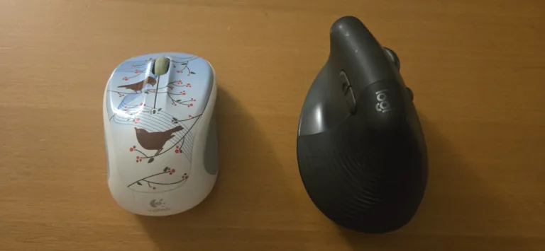 A side-by-side display of a Logitech M325 Wireless and a Lift Vertical Ergonomic mouse. The M325 has a blue design that is decorated with birds on a branch. The Lift Vertical has a graphite color.