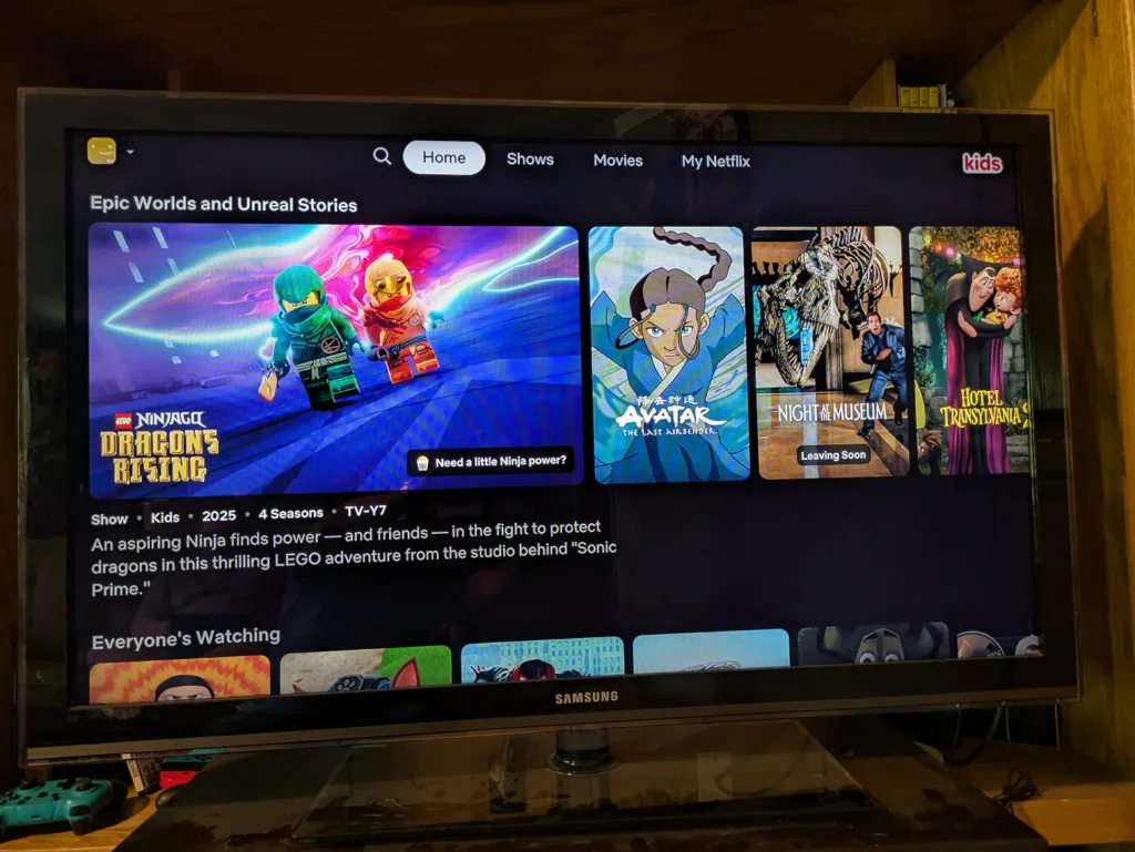 Netflix Kids homepage showing “Ninjago: Dragon's Rising,” “Avatar: The Last Airbender,” and other kids' shows.