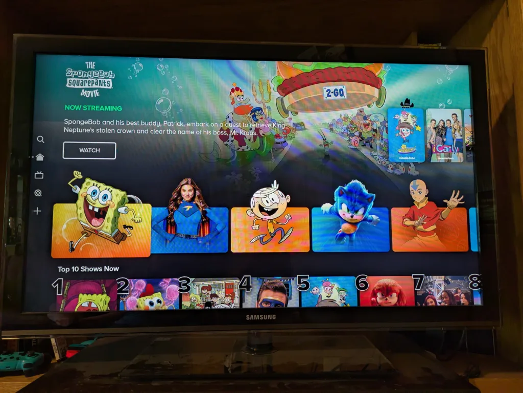 Paramount+ Kids homepage featuring “The SpongeBob SquarePants Movie,” plus character icons for “Sonic,” “Avatar: The Last Airbender,” “iCarly,” and other kids' shows.