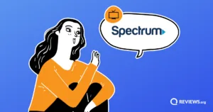 Illustrated woman looking at a speech bubble with the Spectrum logo and a TV icon.