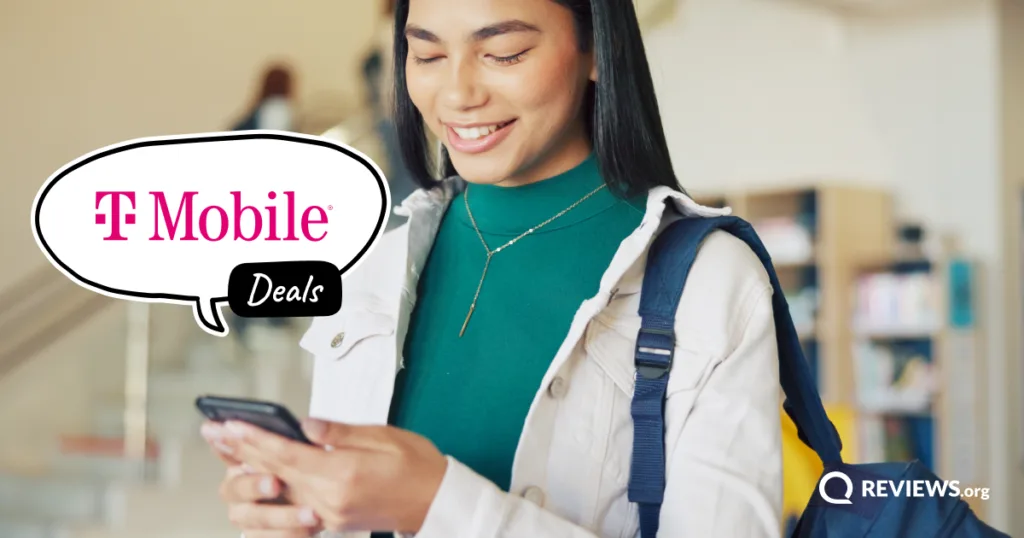 Student smiles at her phone while a T-Mobile deals callout highlights back-to-school savings on new plans and devices.
