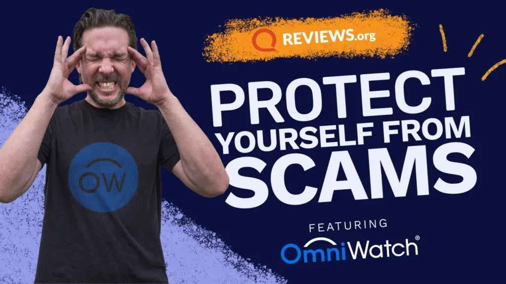 Man reacting to a scam alert while wearing an OmniWatch t-shirt, REVIEWS.org graphic reading "Protect Yourself From Scams featuring OmniWatch"