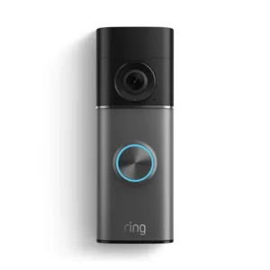 Ring Battery Doorbell Pro in dark gray with a blue LED ring and wide-angle camera lens against a white background