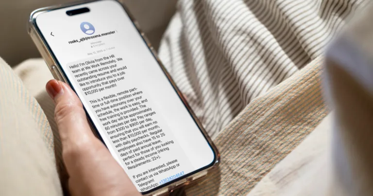 A person holds a phone displaying a scam text message offering a suspicious high-paying remote job, illustrating common text message scams.
