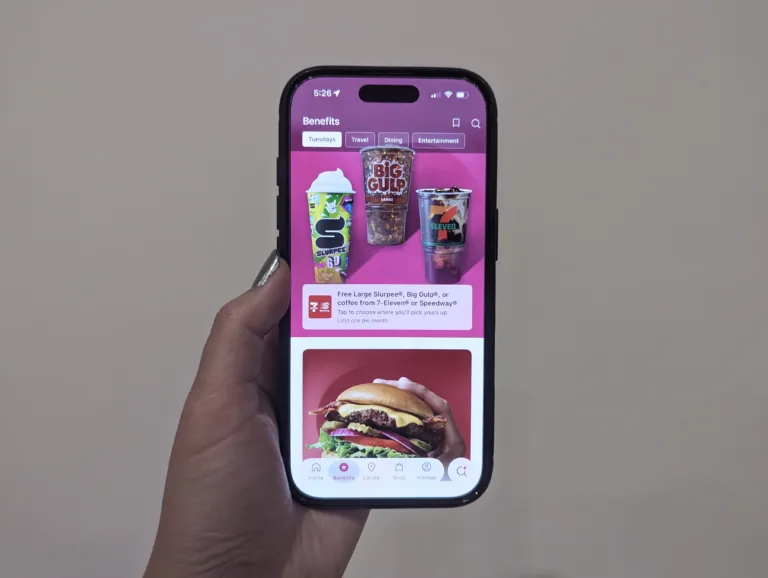 T-Mobile Tuesdays app showing a free Big Gulp, Slurpee, or coffee benefit from 7-Eleven for back-to-school savings.