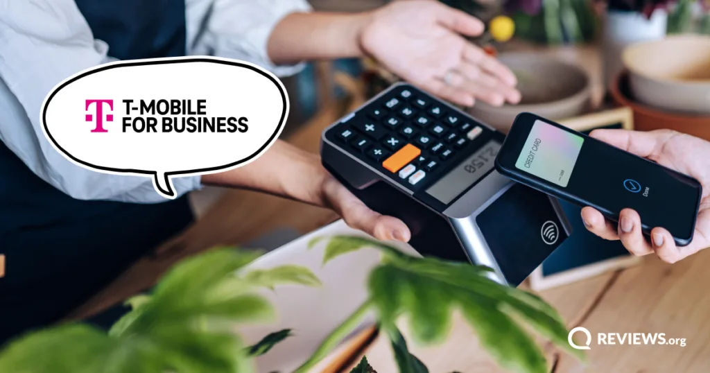 Customer paying by phone at a shop card reader, with a speech bubble showing the T-Mobile for Business logo.