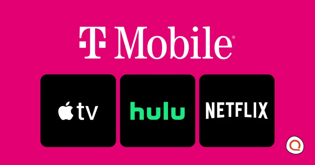 T-Mobile logo above Apple TV, Hulu, and Netflix icons, representing free streaming perks bundled into select T-Mobile plans.